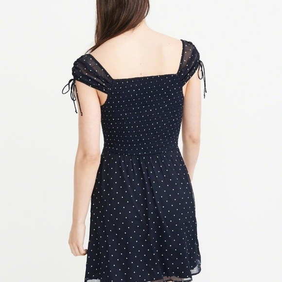 Tie detail chiffon dress. Navy blue with dot - Picture 2 of 2
